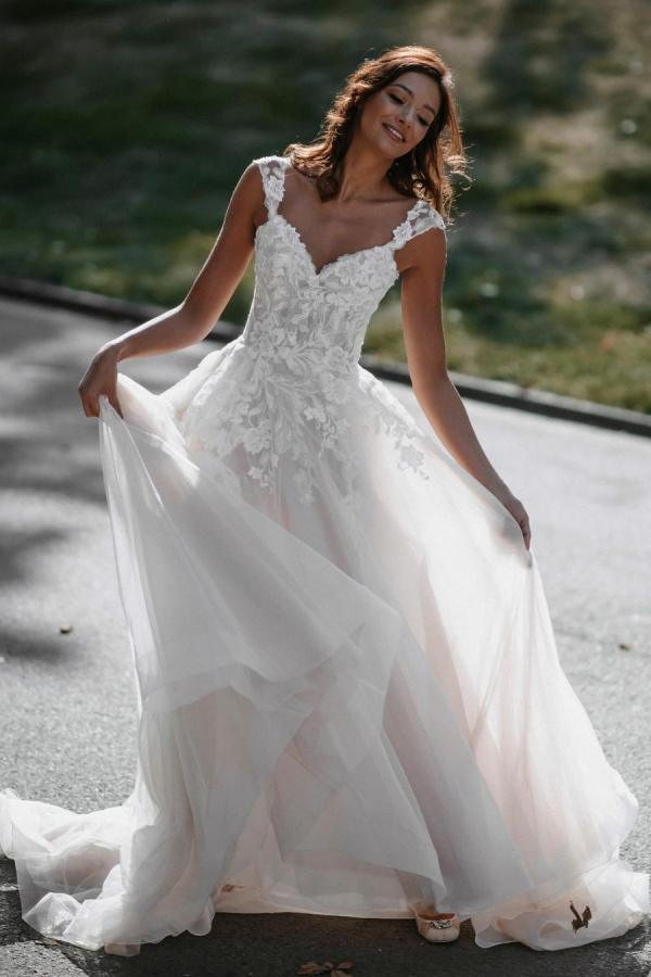 Charming Tulle Backless Long A-Line V-Neck Wedding Dress with Lace