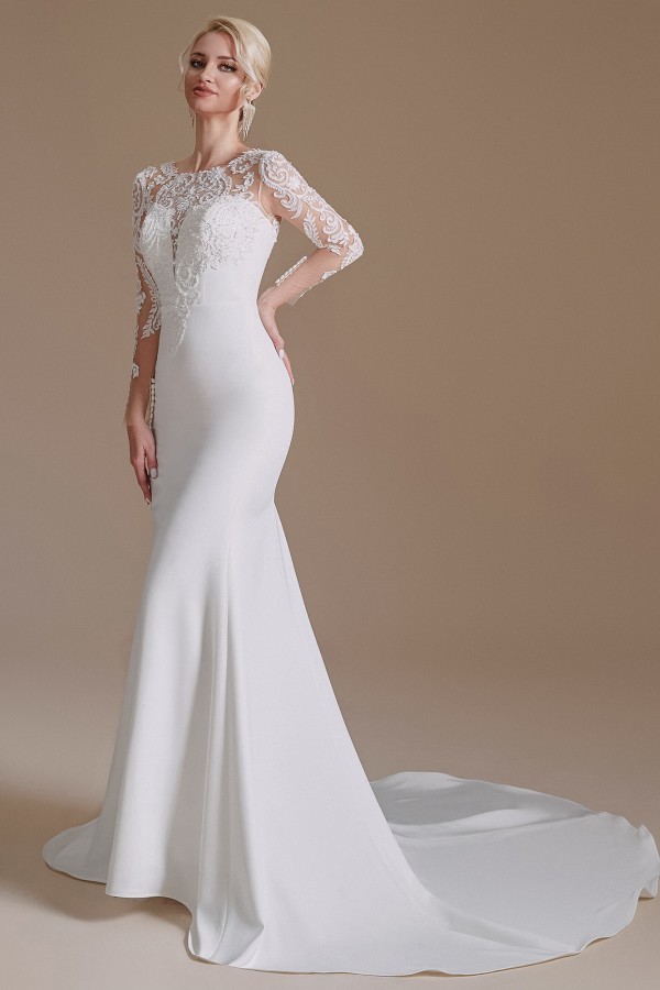 Romantic Mermaid Jewel Satin Lace Long Wedding Dress with Sleeves