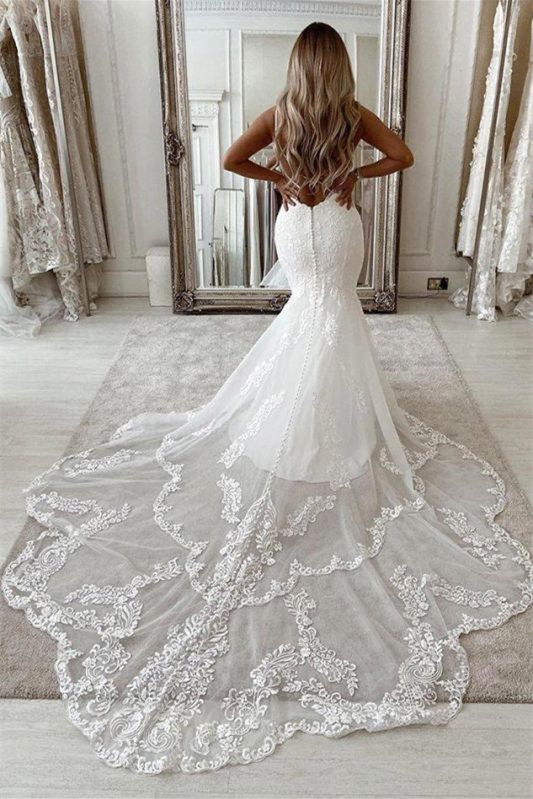 Long Mermaid Sleeveless Wedding Dress with Lace Appliques