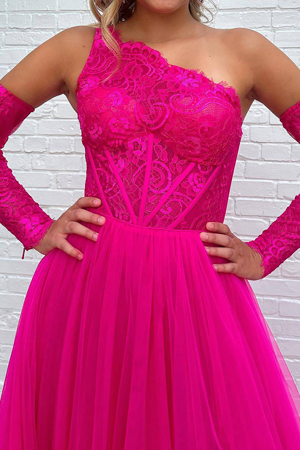Fuchsia One-Shoulder A-Line Prom Corset Dress with Front Split