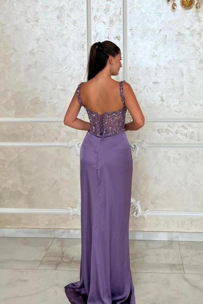 Spaghetti Strap Sleeveless Long Split Formal Dress With Beading