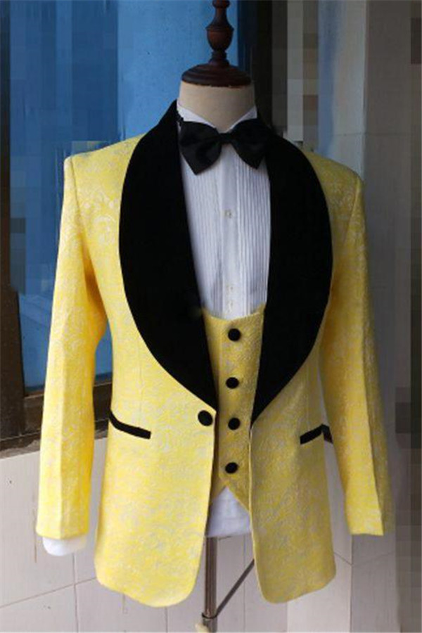 Fashion Blazer Yellow Lapel Shawl Bespoke Jacquard Men's Formal Dinner Wedding Suit