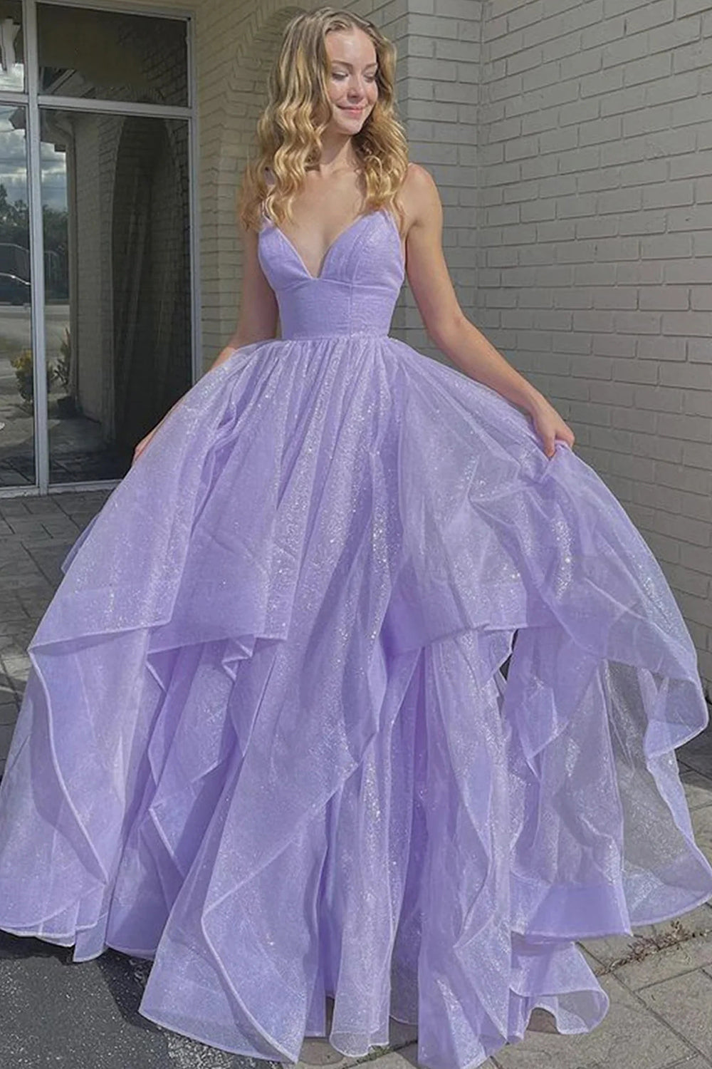 Long Lilac Prom Dress with Spaghetti Straps and Ruffles in an A-Line Cut