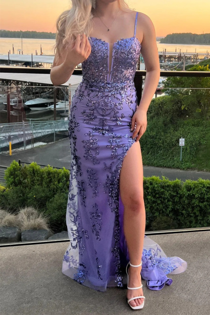 Long Blue Sparkly Prom Dress with Sheath Silhouette and Sequined Slit