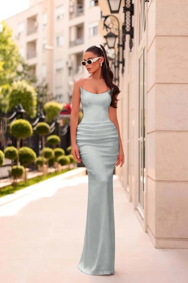 White Elegant Strapless Chic Long Evening Dress With Pleats