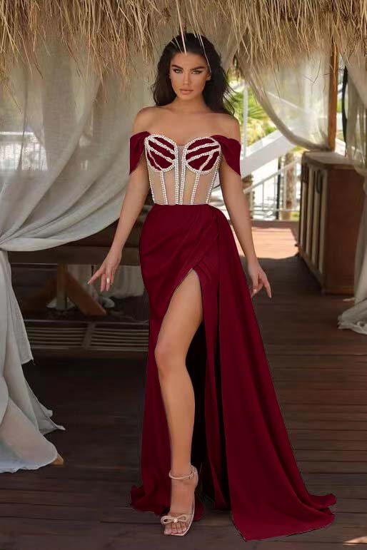 Champagne Ruffles Mermaid Formal Dress Beadings Split With Off the Shoulder