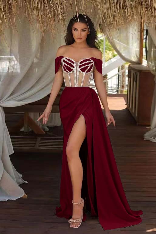 Champagne Ruffles Mermaid Formal Dress Beadings Split With Off the Shoulder