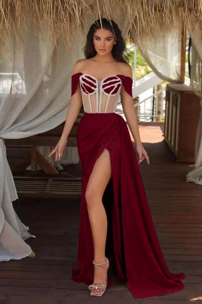 Champagne Ruffles Mermaid Formal Dress Beadings Split With Off the Shoulder