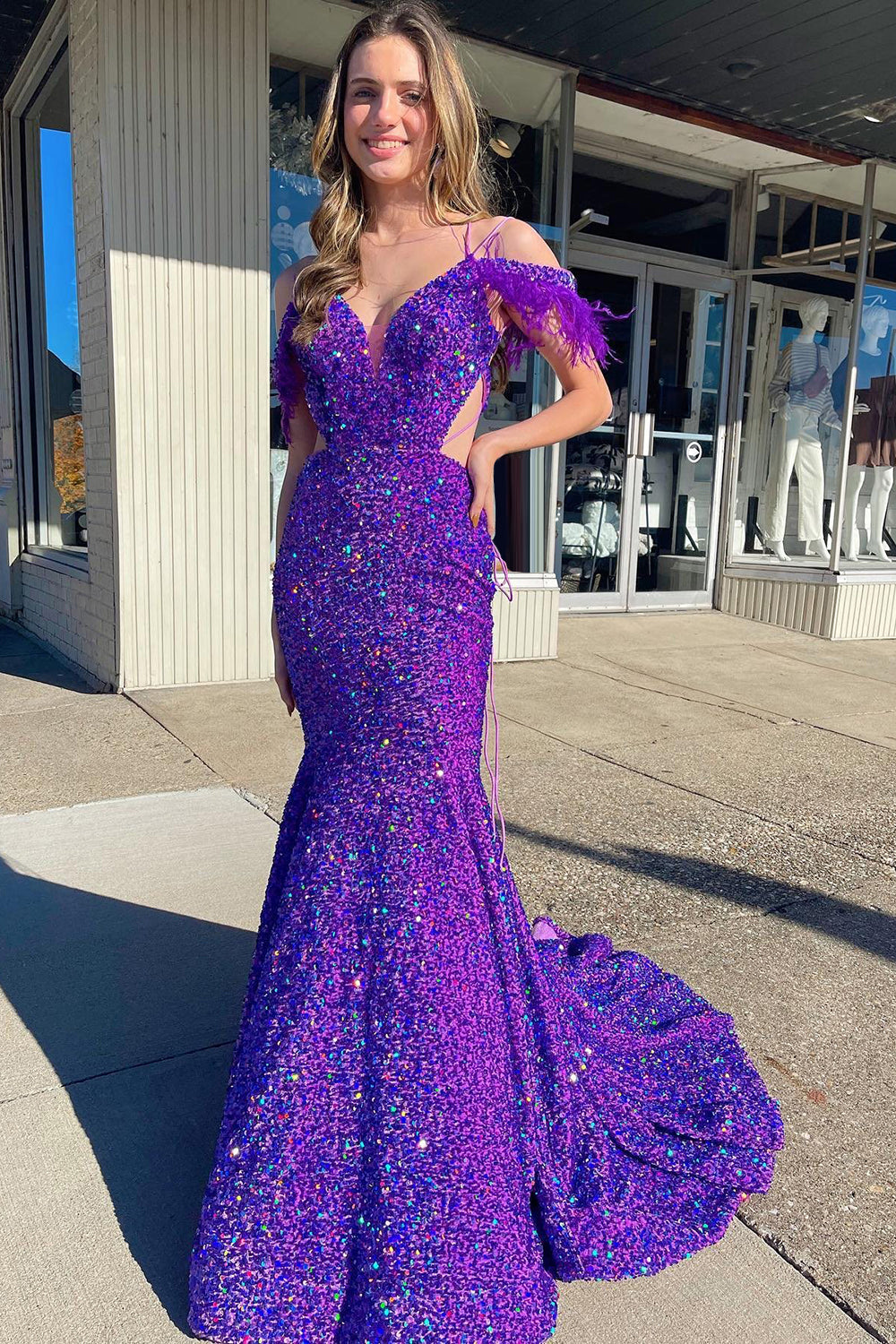 Purple Sequined Mermaid Prom Dress with Feathers and Off-Shoulder Cut-Out