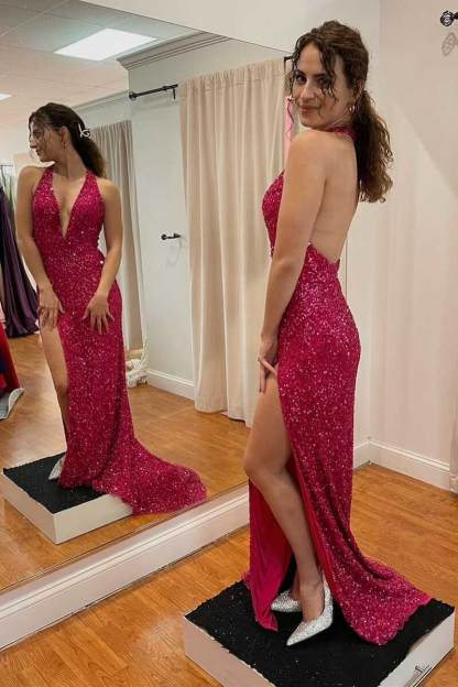 Glittery Halter Deep V-Neck Red Backless Sequined Mermaid Prom Dress with a Slit