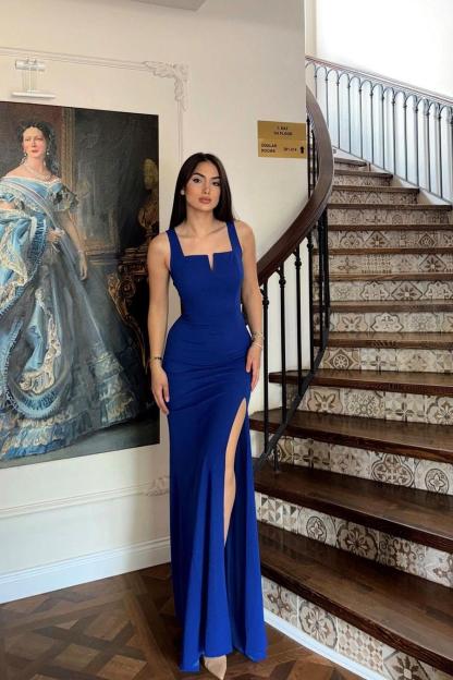 Blue Spaghetti Strap Sleeveless Pleated Long Formal Dress With Side Split