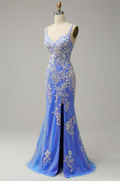 Long Blue Mermaid Prom Dress with Glitter Lace and Slit