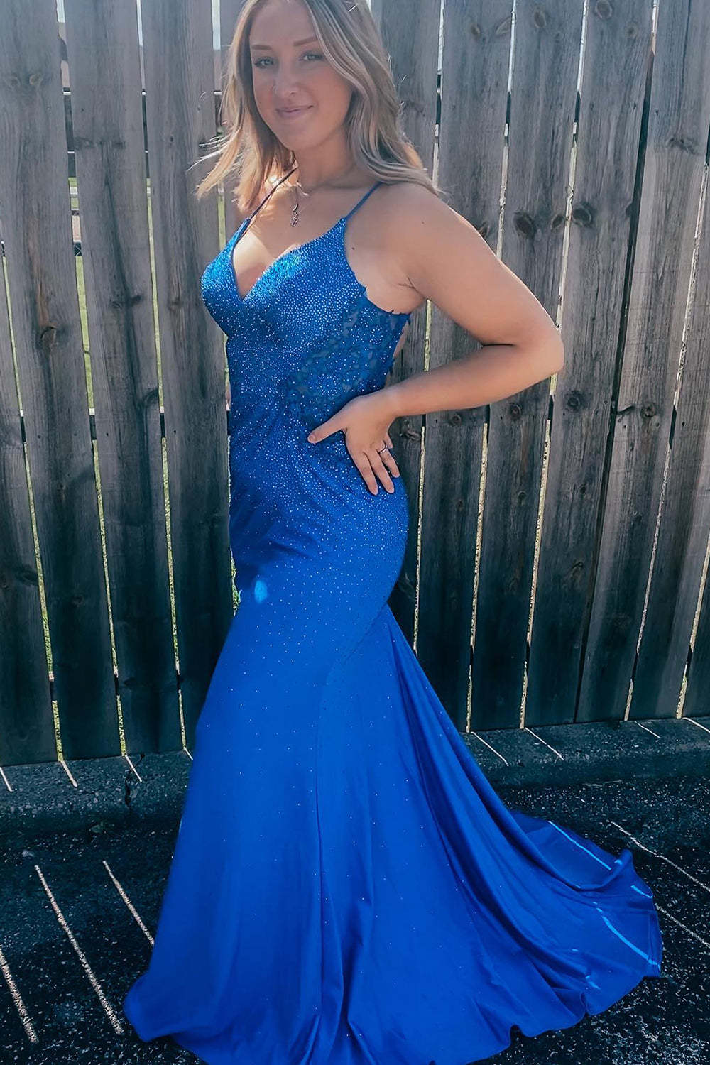 Plus Size Long Prom Dress with Beaded Mermaid Design in Royal Blue