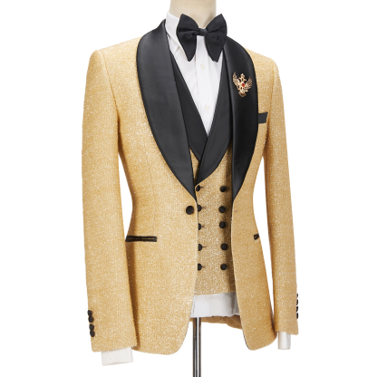 Shining Sparkly Golden Shawl Lapel Three-Piece Men's Suits for Wedding