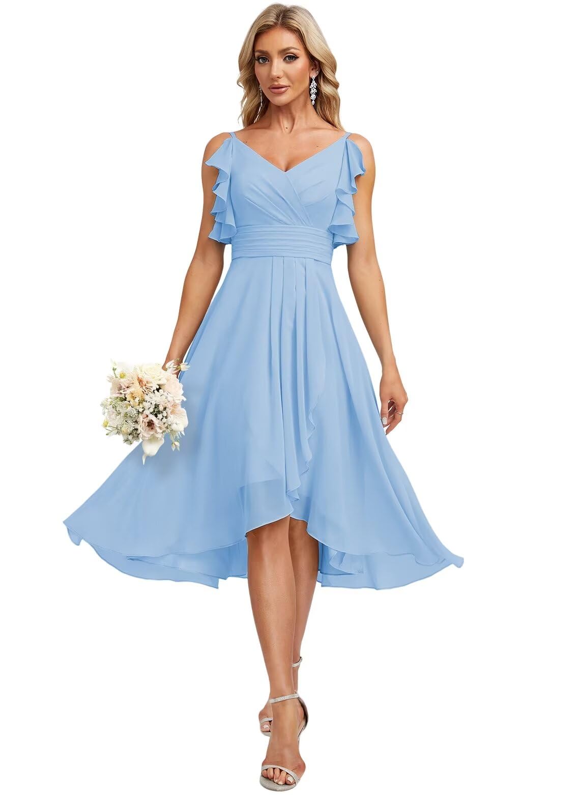 Sky Blue Elegant Knee-Length Short Dress With Ruffles