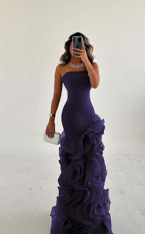 Strapless Sleeveless Long Mermaid Formal Dress With Tulle Ruffles