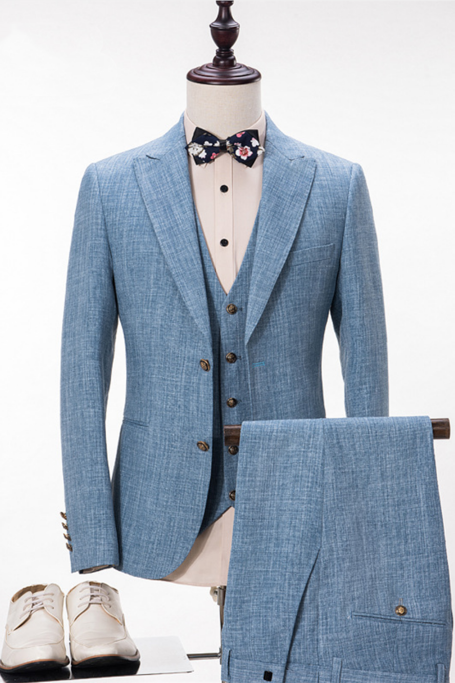 Stylish Blue Linen Peak Lapel Summer Groom and Groomsmen Suits for Wedding