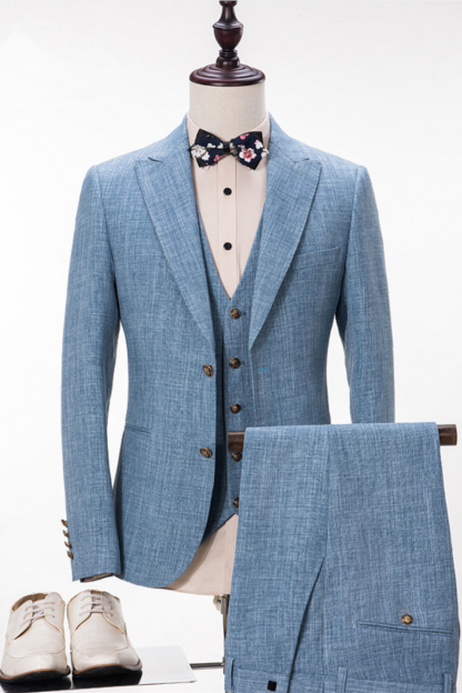 Stylish Blue Linen Peak Lapel Summer Groom and Groomsmen Suits for Wedding