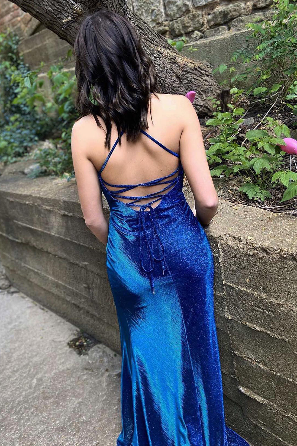 Long Blue Prom Dress Featuring Spaghetti Straps and a Front Split