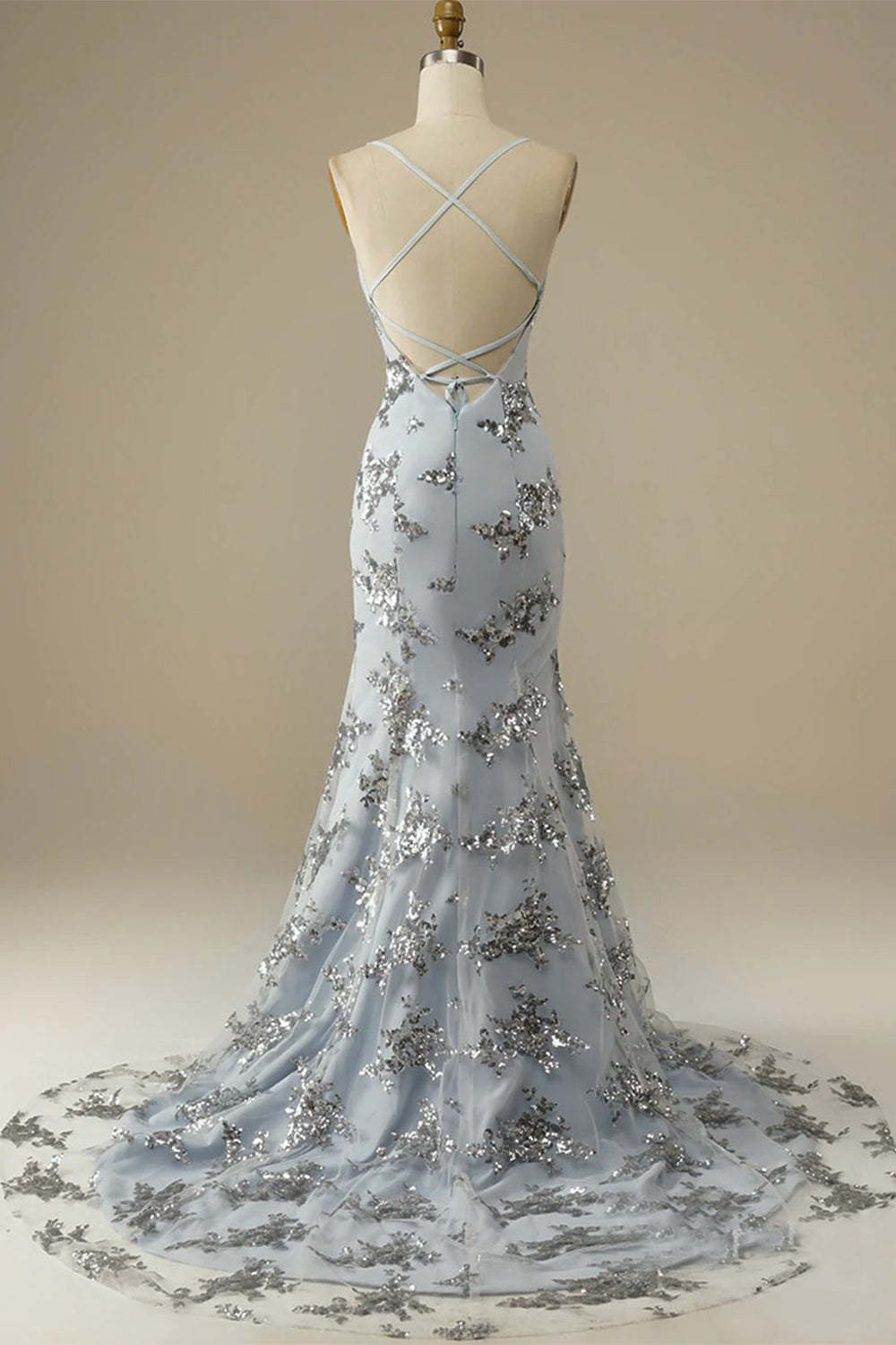 Prom Dress with Spaghetti Straps and Beaded Backless Design