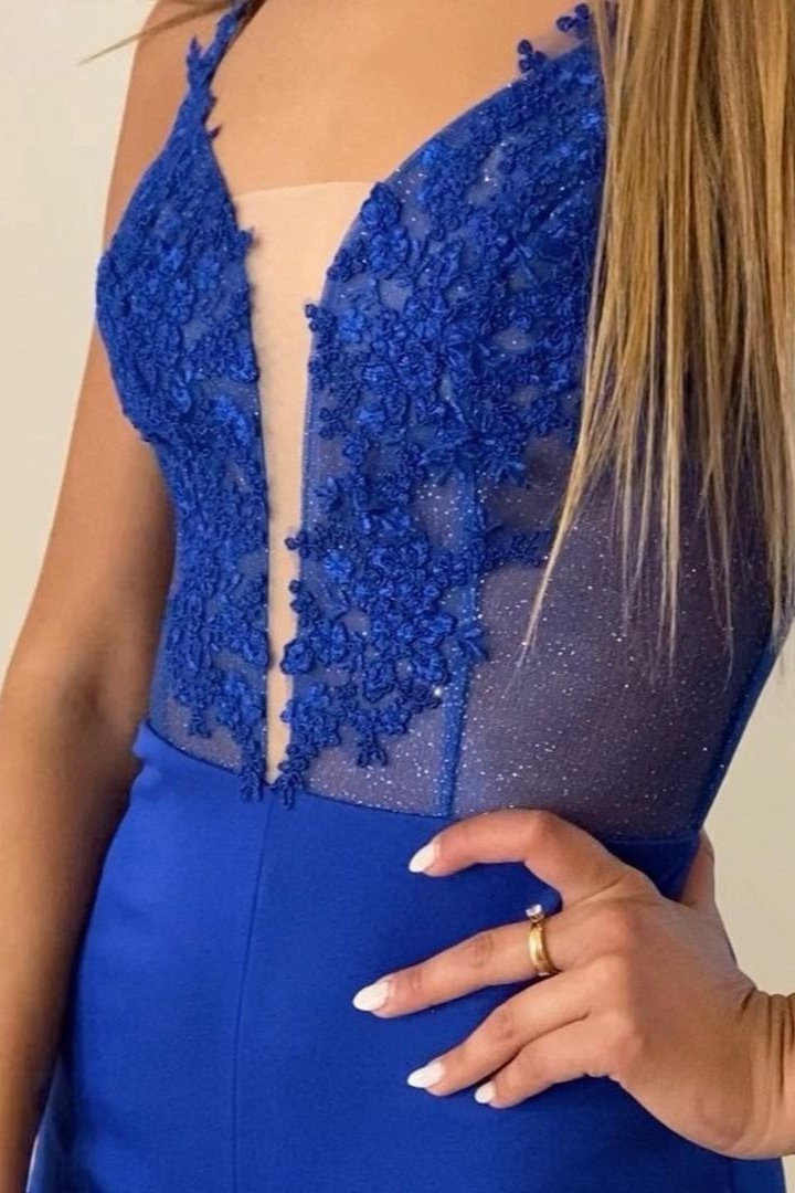 Royal Blue Spaghetti-Straps Split Evening Dress With Appliques