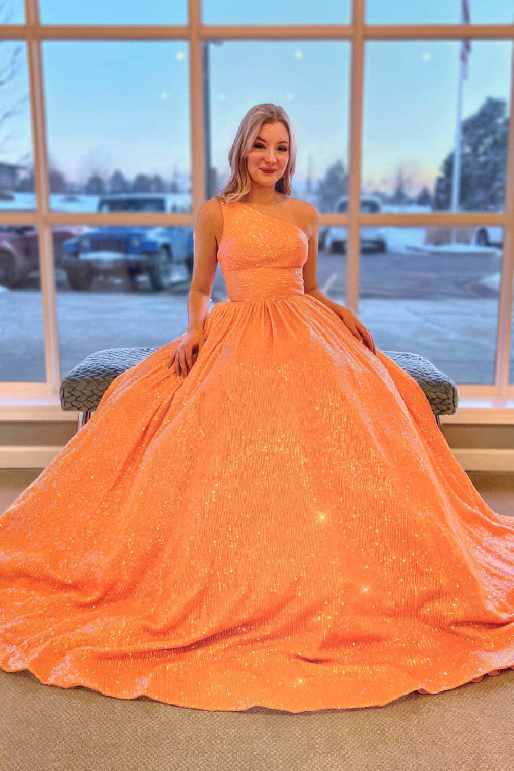 Light Blue Sparkly Plus Size A Line Prom Dress with One Shoulder and Sequins