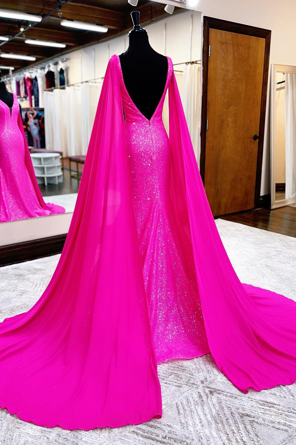 Long Mermaid Prom Dress with Sparkly Hot Pink Sequins and V-neck Cape