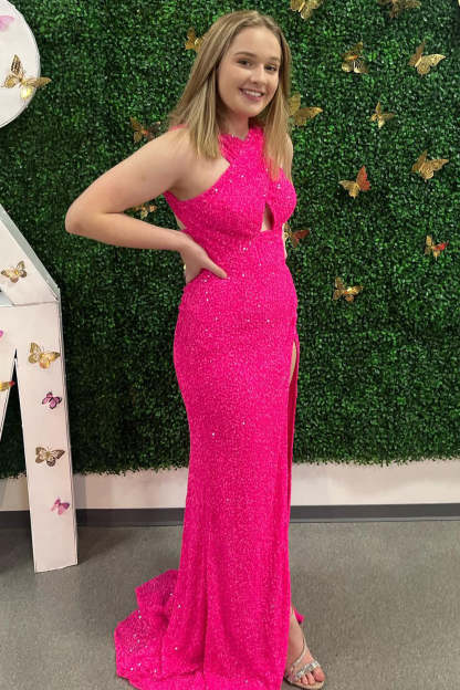 Long Royal Blue Prom Dress Featuring Sequins and a Front Split