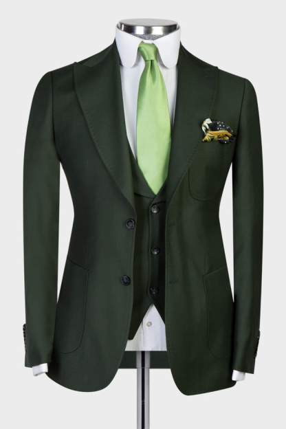 Chic Dark Green Three-Piece Peaked Lapel Business Men's Suits