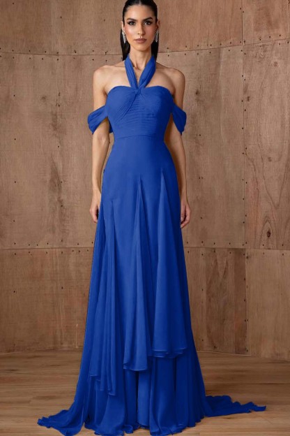 Halter Off the Shoulder Sleeveless Long Formal Dress With Ruffles