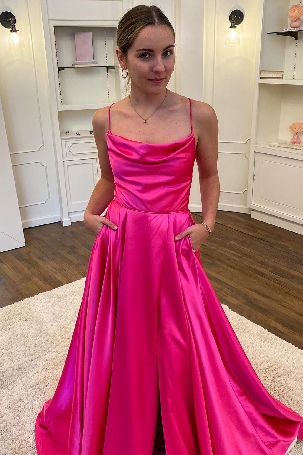 Long Hot Pink Prom Dress with Spaghetti Straps and Front Split in A-Line Style