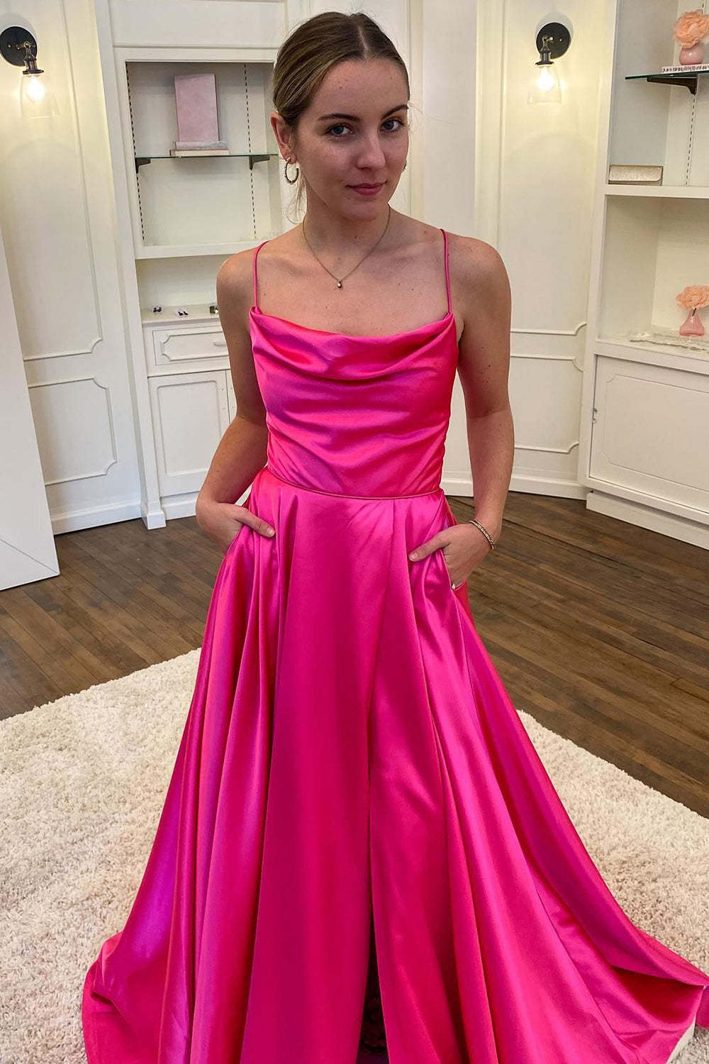 Long Hot Pink Prom Dress with Spaghetti Straps and Front Split in A-Line Style