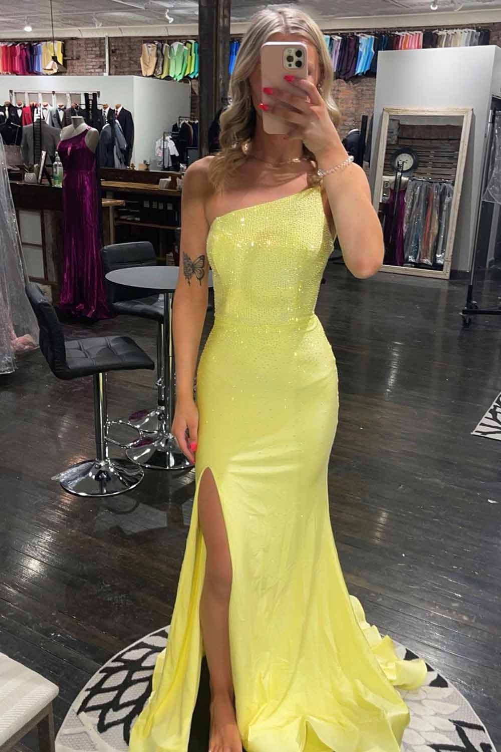 Sequined Yellow Mermaid Prom Dress featuring a One-Shoulder Design and Slit