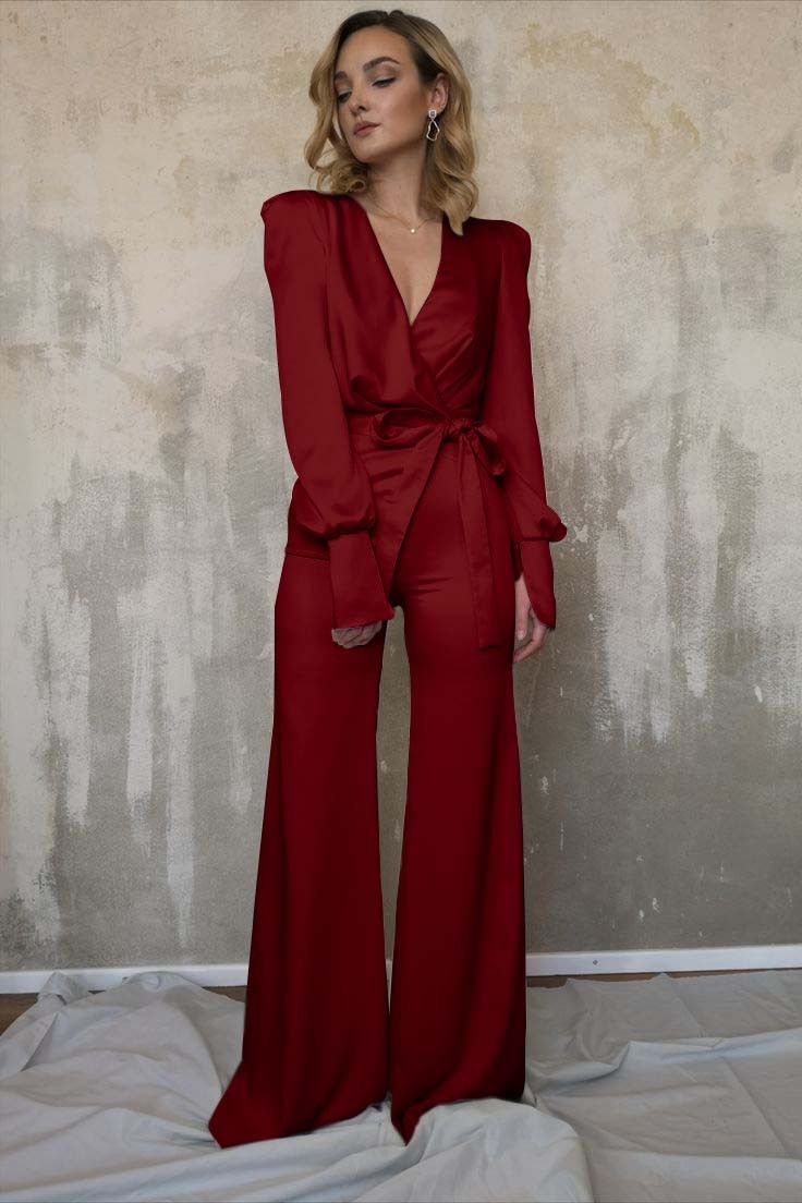 Charming Long Sleeves White V-Neck Long Jump Suit With Belt
