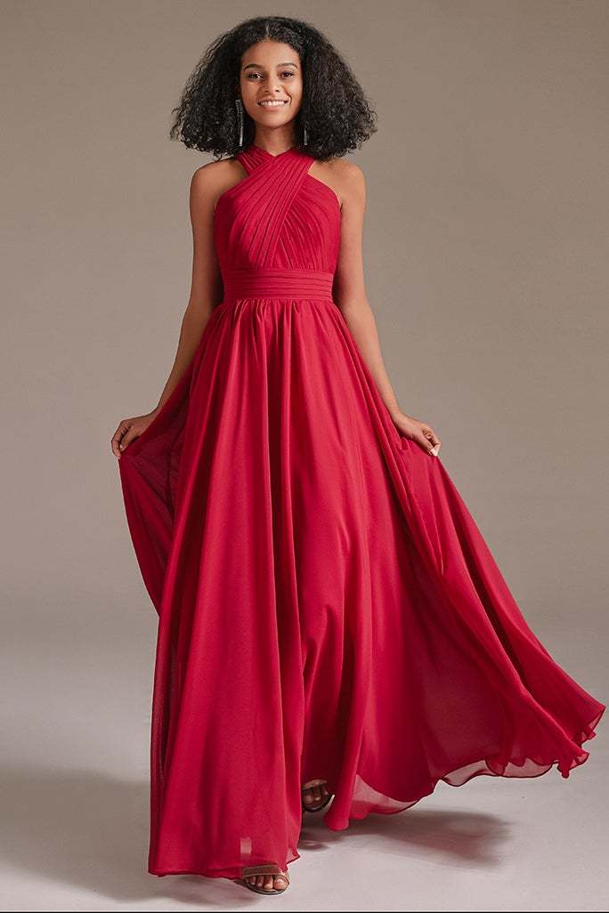 Chiffon Red Halter Bridesmaid Dress