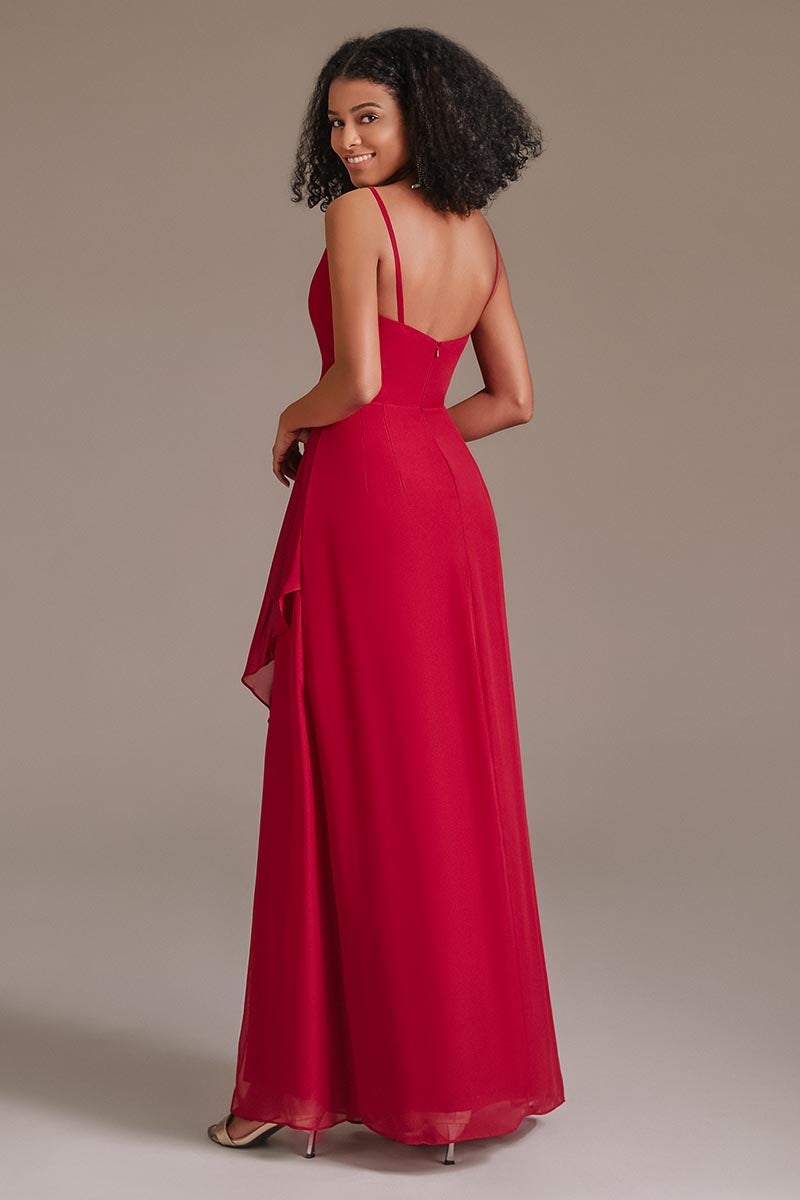 Red Spaghetti-Straps Side Split Bridesmaid Dress