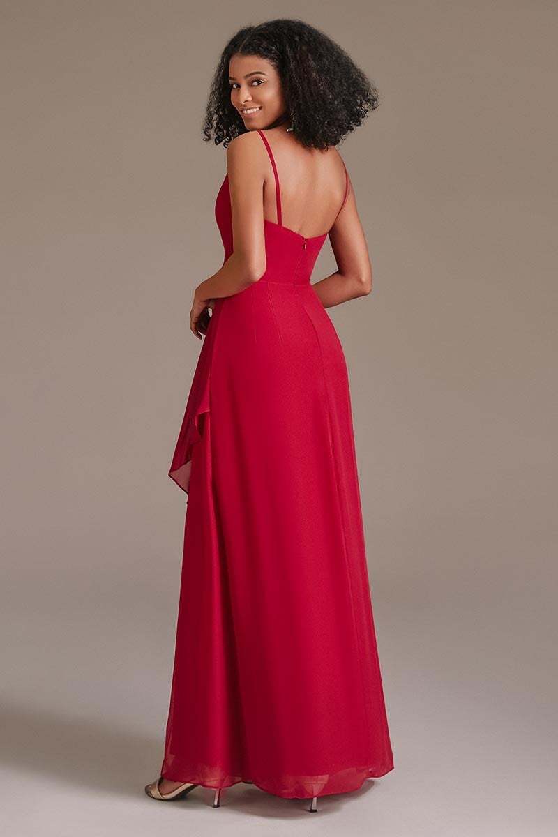 Red Spaghetti-Straps Side Split Bridesmaid Dress
