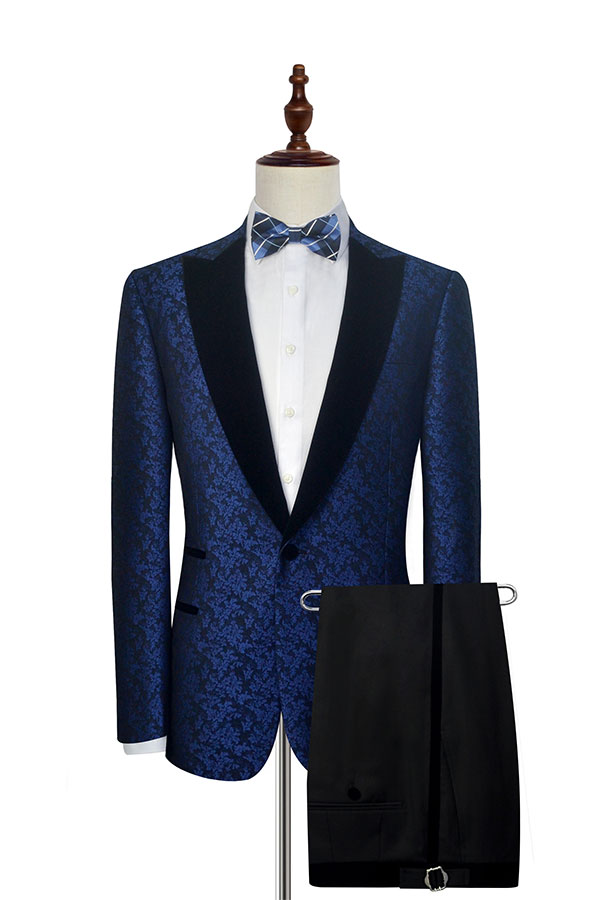 Blue Floral Pattern Tuxedos for Wedding with Black Velvet Peak Collar Prom Suits