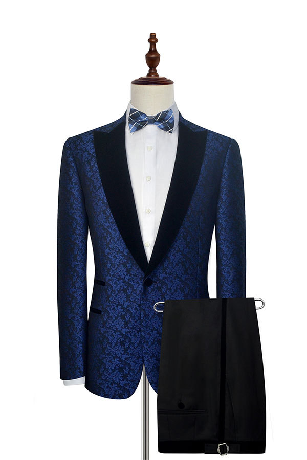 Blue Floral Pattern Tuxedos for Wedding with Black Velvet Peak Collar Prom Suits