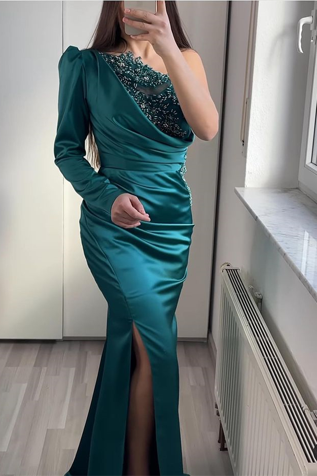 Long Sleeve One Shoulder Mermaid Split Evening Dress With Beadings