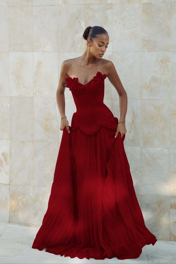 Stunning Strapless Sleeveless Long Formal Dress With Pleated Beading
