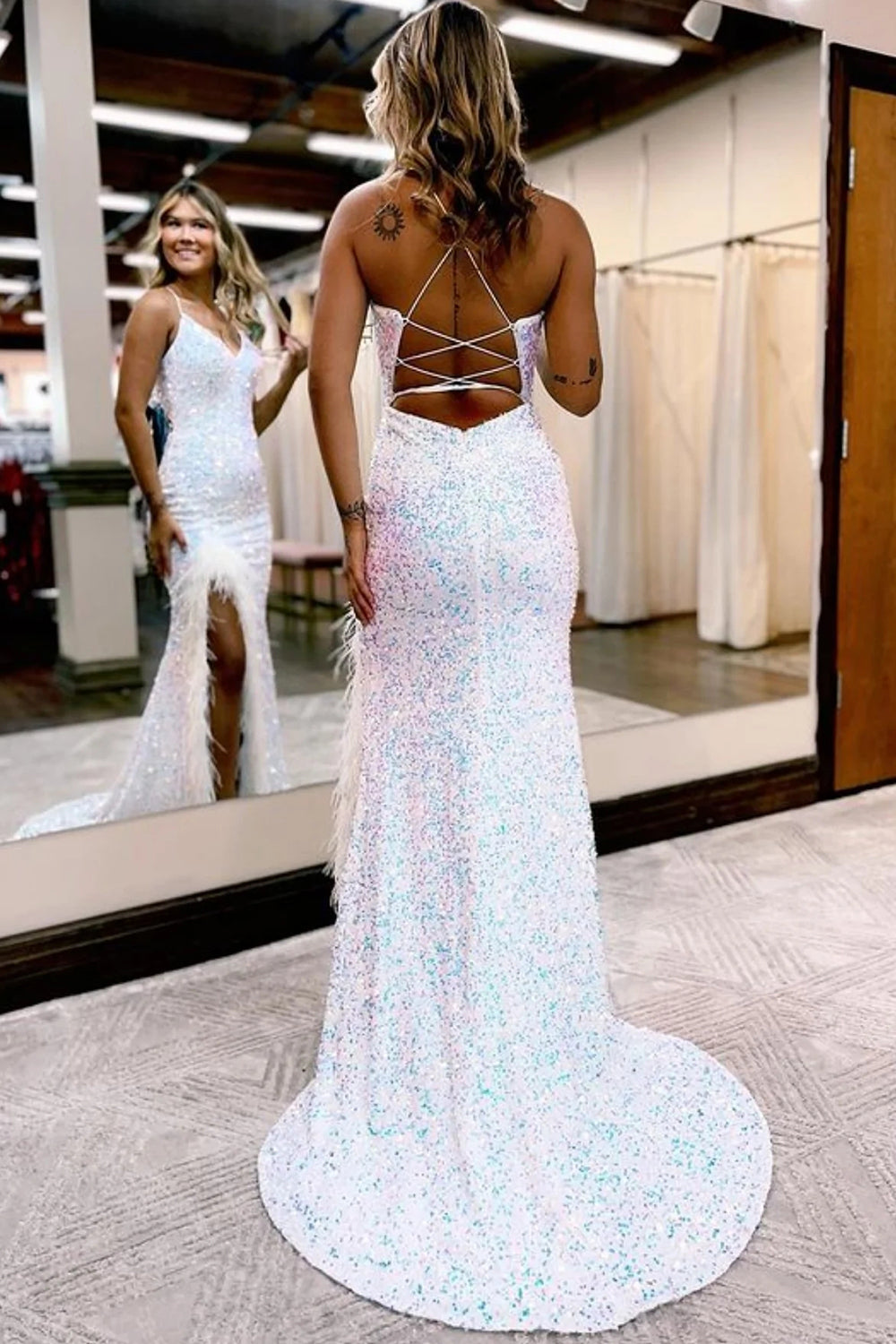 Long Black Sequined Prom Dress with Front Split and Spaghetti Strap Sheath