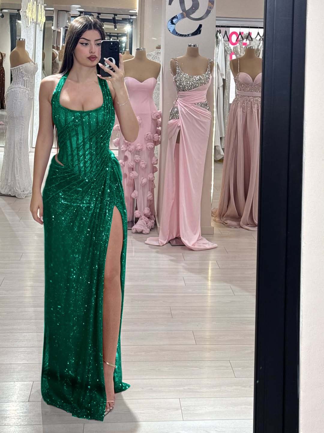 Sequins Halter Sleeveless Long Mermaid Formal Dress With Split