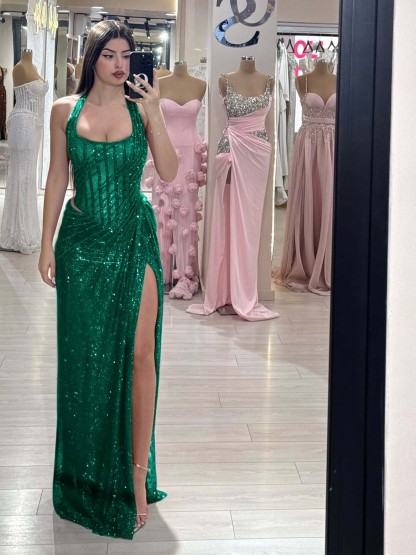 Sequins Halter Sleeveless Long Mermaid Formal Dress With Split