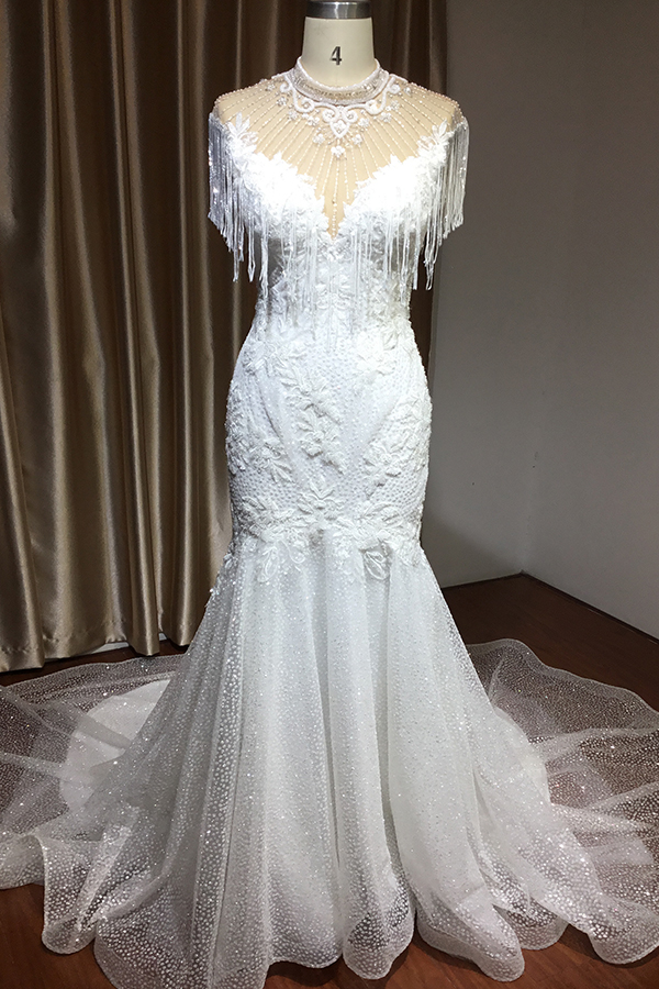 Shimmy High Neck Mermaid Wedding Dress with Beadings Tassel