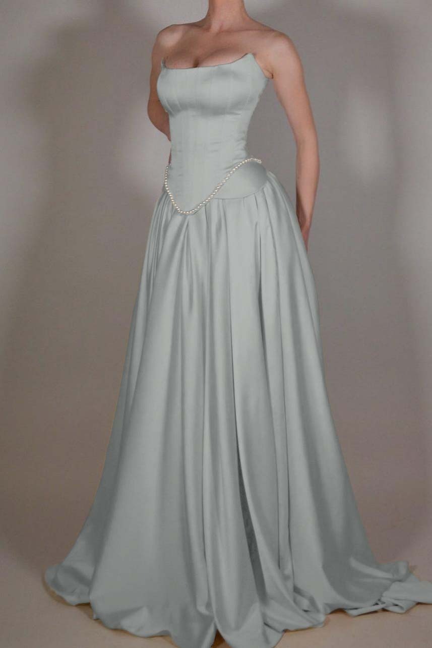 Strapless Sleeveless Long A Line Formal Dress With Pleated Beading