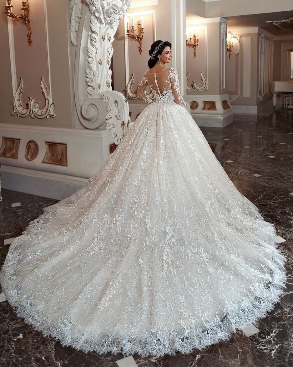 Amazing Bateau Long Sleeves Beading Train Wedding Dress with A-Line Appliques Lace