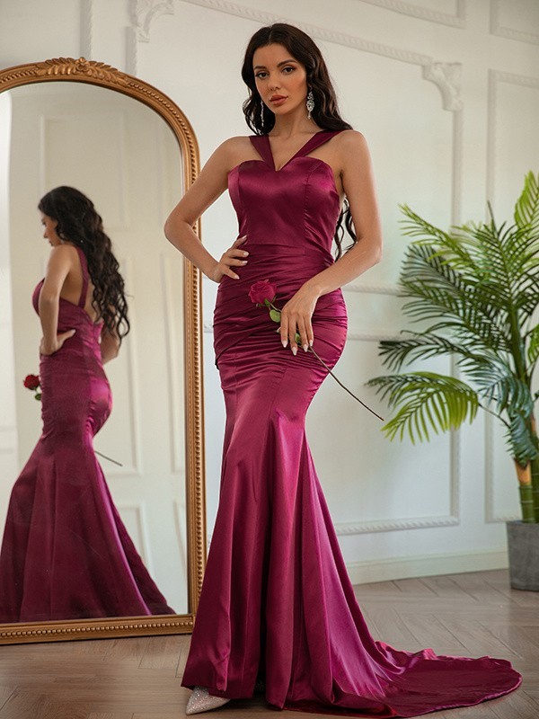 Elegant Deep Red Sleeveless V Neck Mermaid Pleated Long Formal Dress