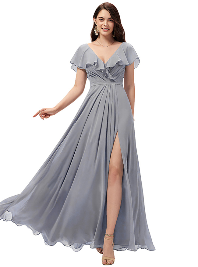Chiffon Ruffles Bridesmaid Dress with Split
