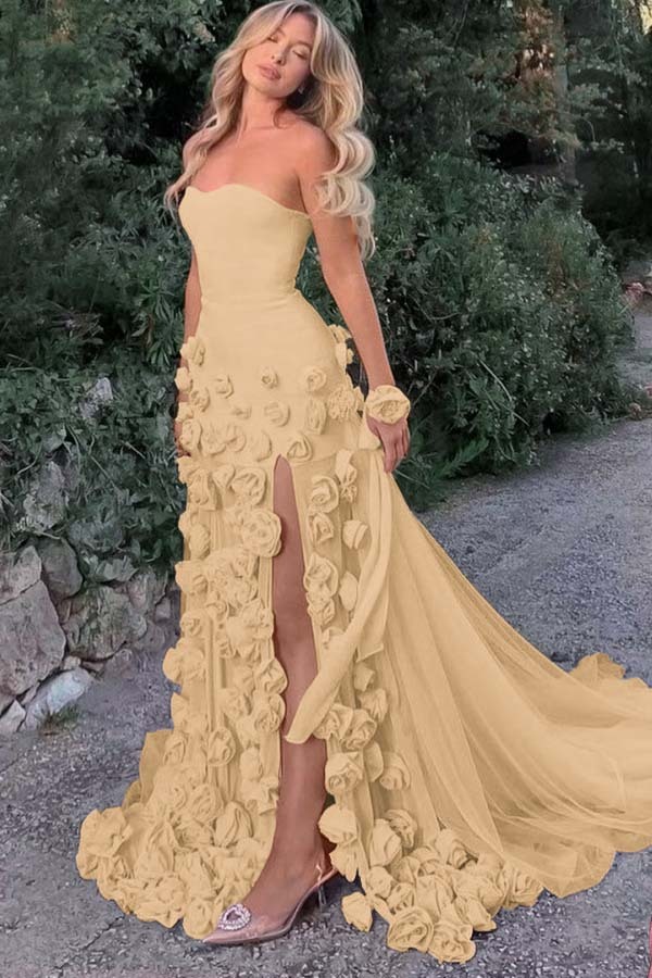 Strapless Sleeveless Long Mermaid Formal Dress With Split Appliques